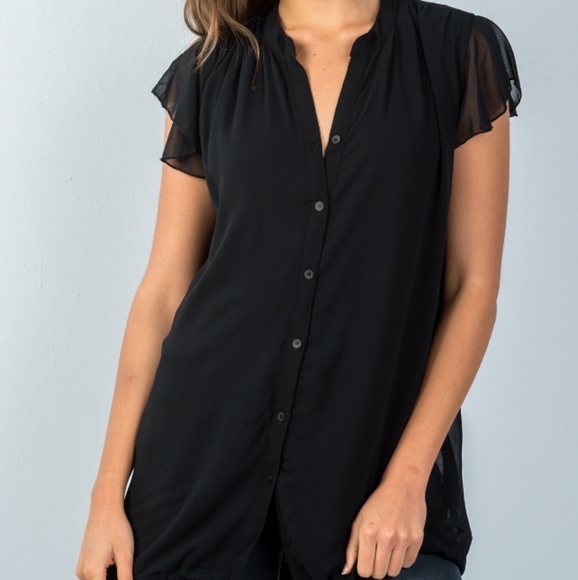 🖤Black Flutter Sleeve Tunic Top with Tie Hem - Picture 2 of 4